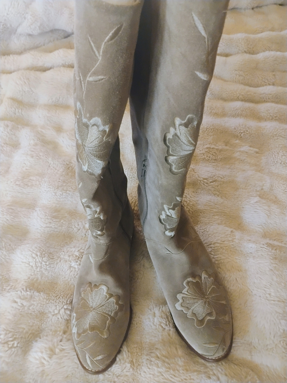 Seychelles Taupe Suede Over-the-Knee Boots with Floral Embroidery